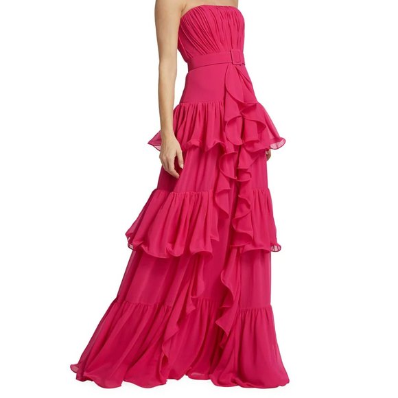 Badgley Mischka Dresses & Skirts - Badgley Mischka Strapless Tiered Ruffle Gown - Pink/Fuschia Size 8